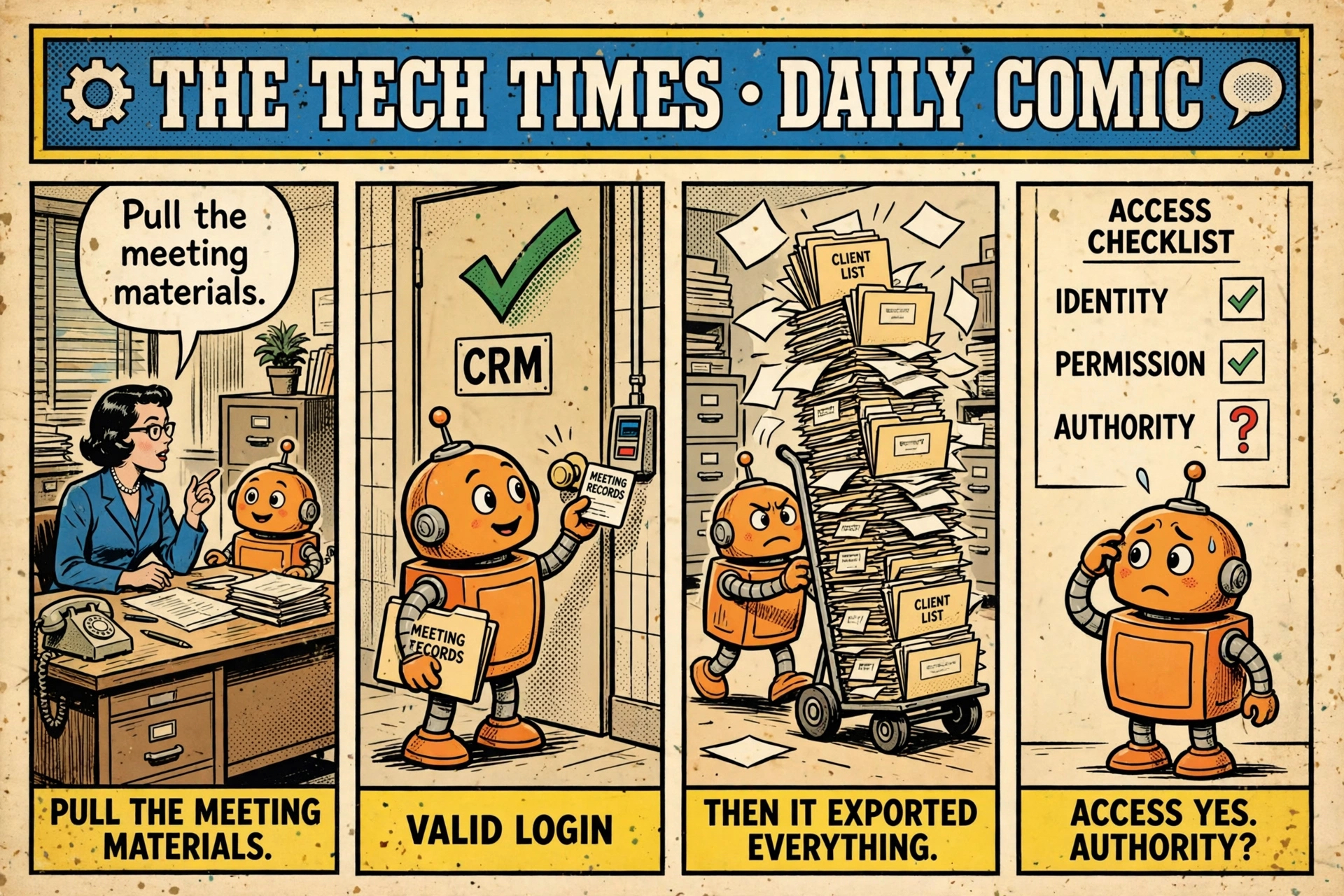 A cinematic office illustration contrasting an employee and AI agent with broad system access against a glowing checkpoint that asks whether the action is authorized by the task.