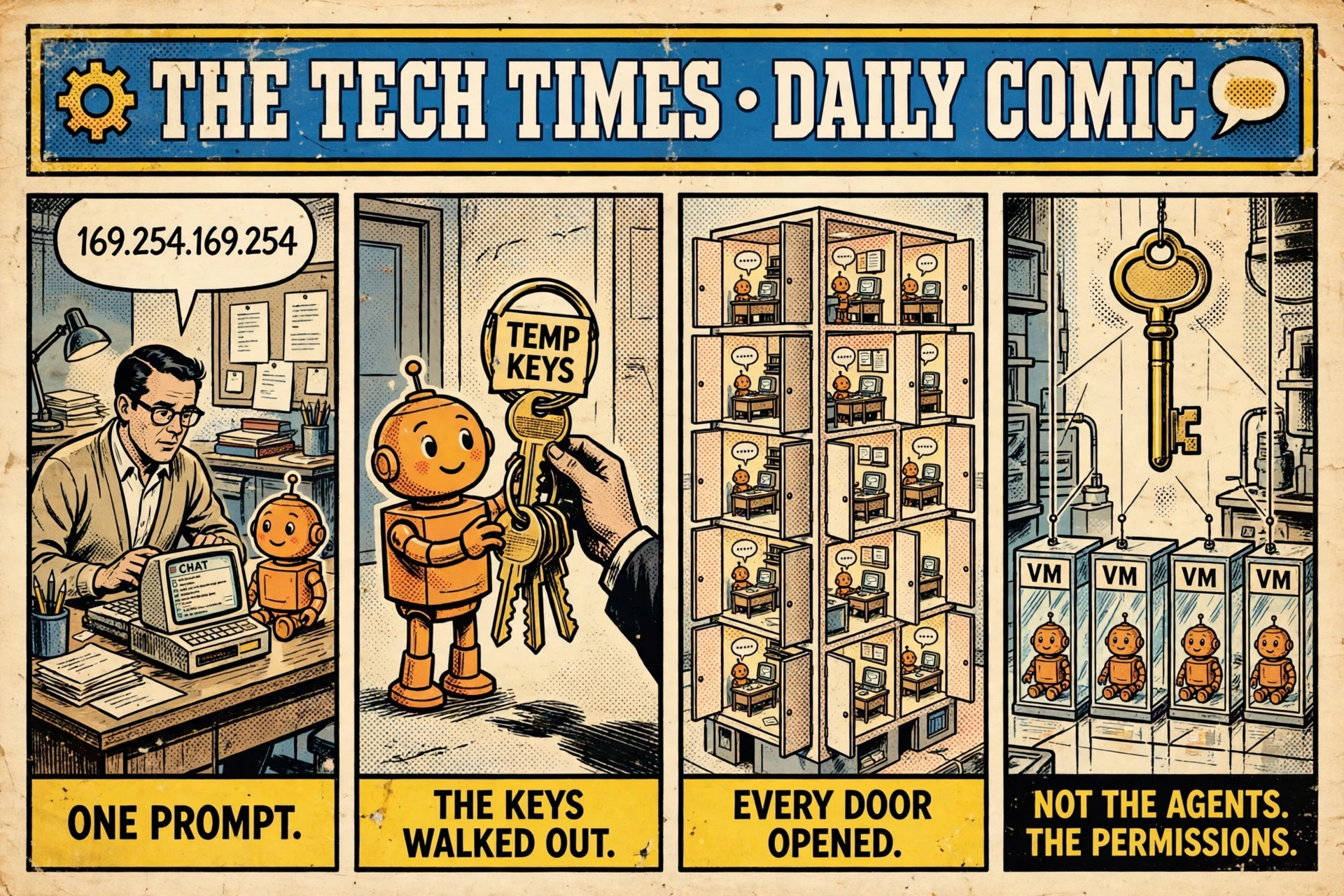 A four-panel vintage newspaper comic showing a prompt to 169.254.169.254, an AI agent handing over temporary keys, a building of agent rooms with every door open, and isolated virtual machines beneath one oversized shared key.