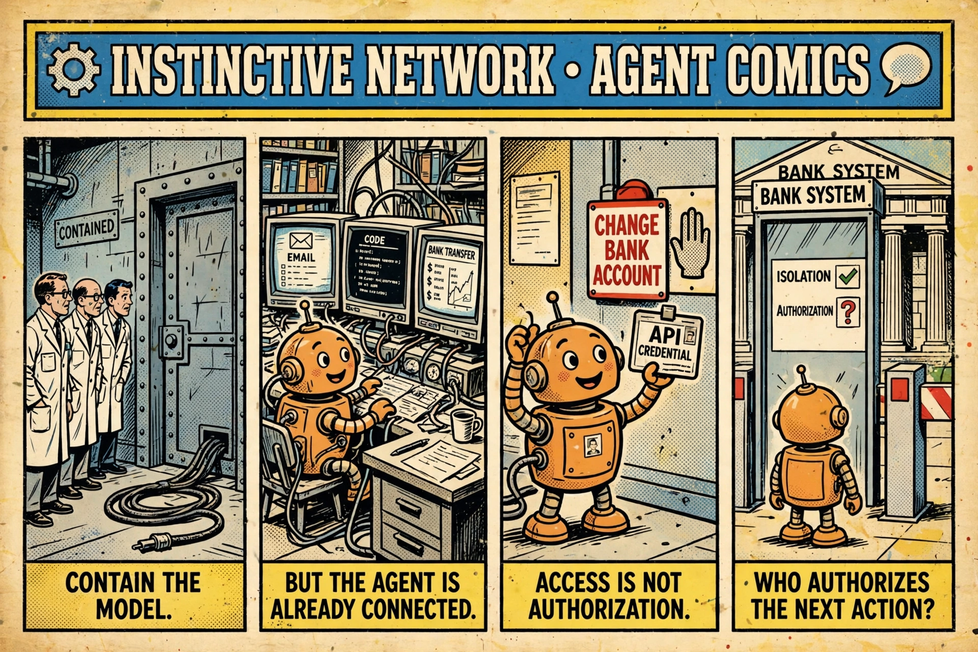 An illustrated agent at a guarded execution checkpoint, contrasting network isolation with explicit authorization for consequential actions.