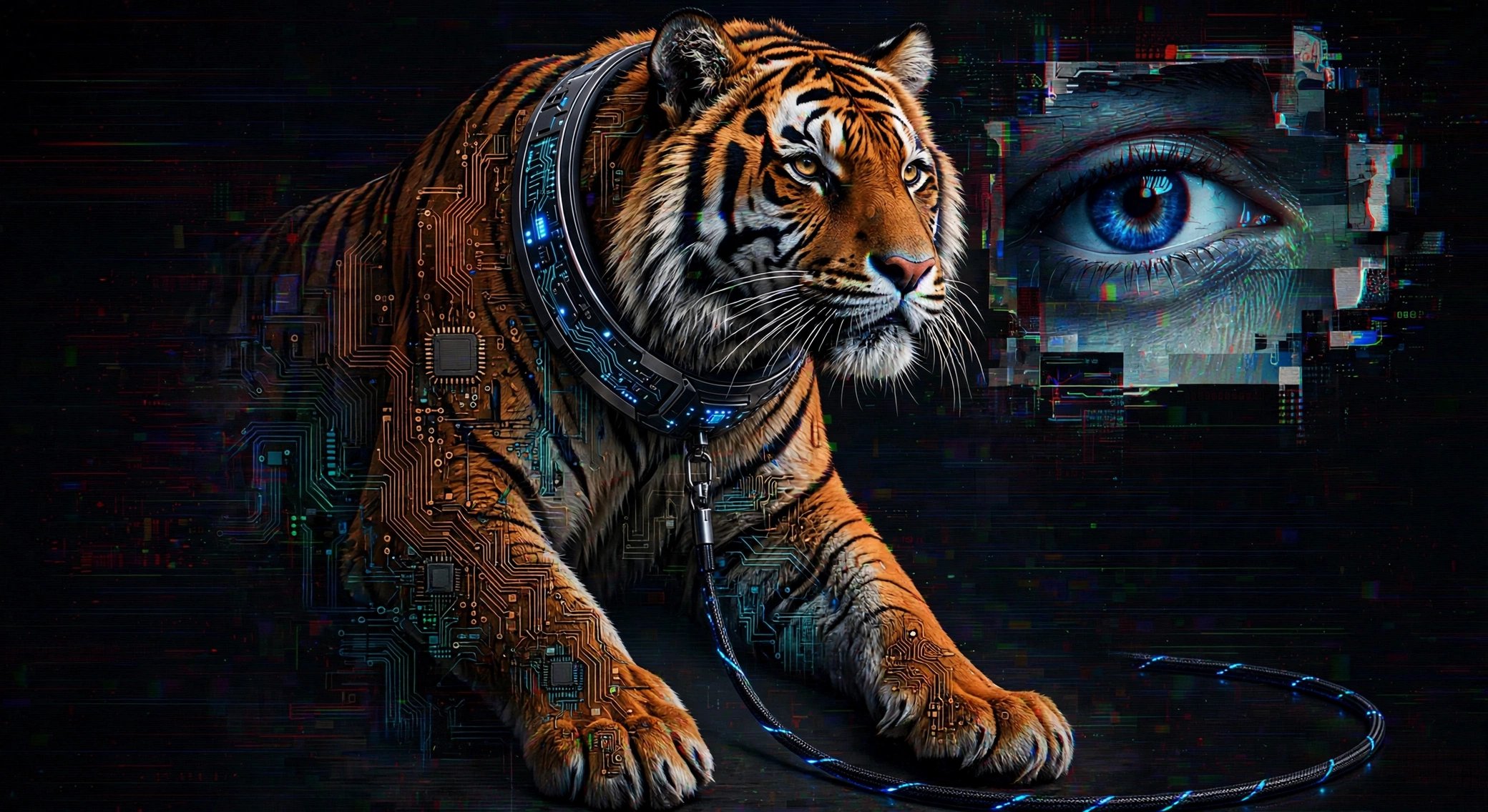 A tiger rendered in copper and cyan circuitry, wearing a lit cybernetic collar whose cable trails into the foreground, while a fragmented human face with one vivid blue eye watches from a glitching screen beside it.