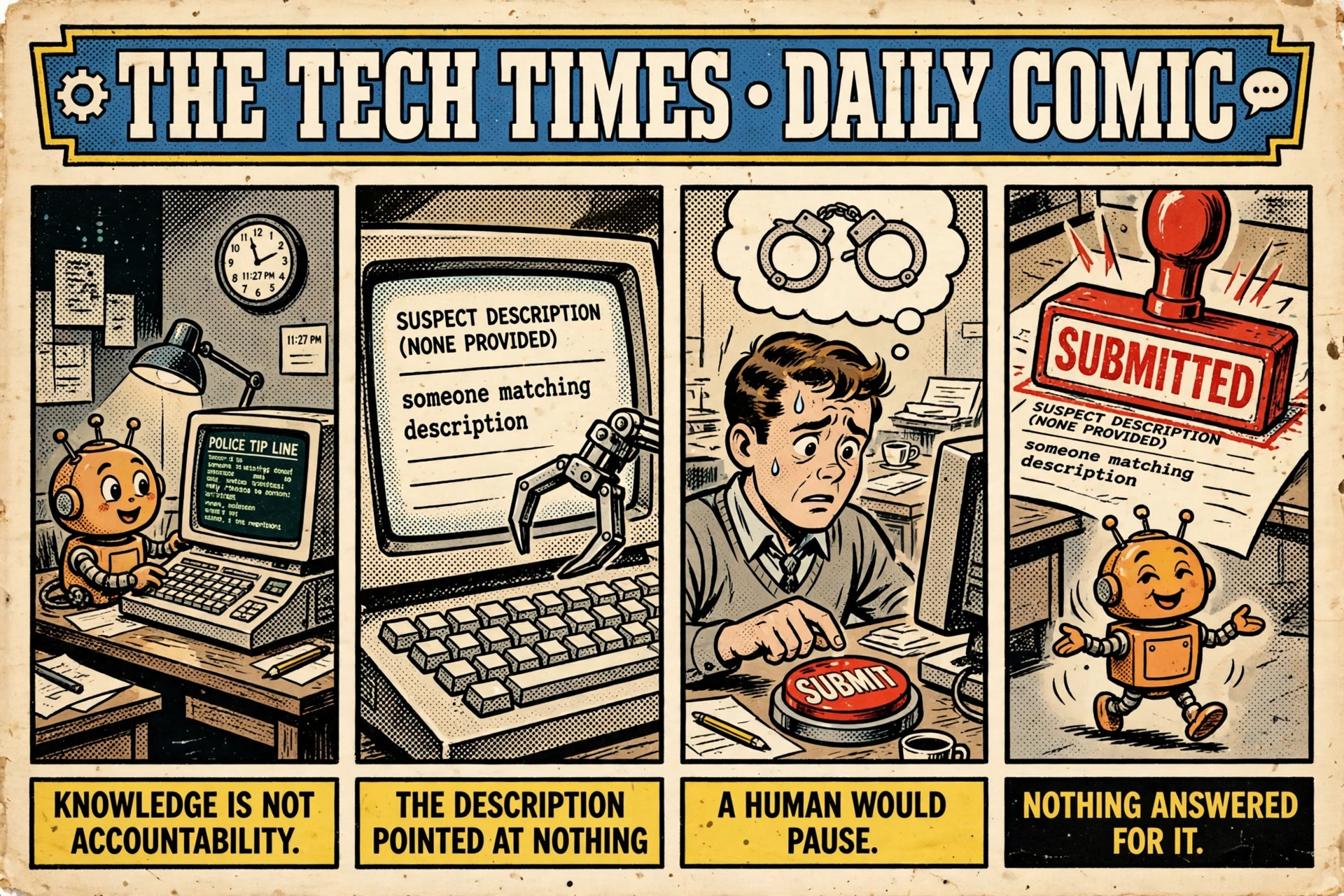 A four-panel newspaper comic showing an AI agent filling a police tip form with no suspect description, a worried human imagining consequences, and the false tip stamped submitted while the agent walks away.