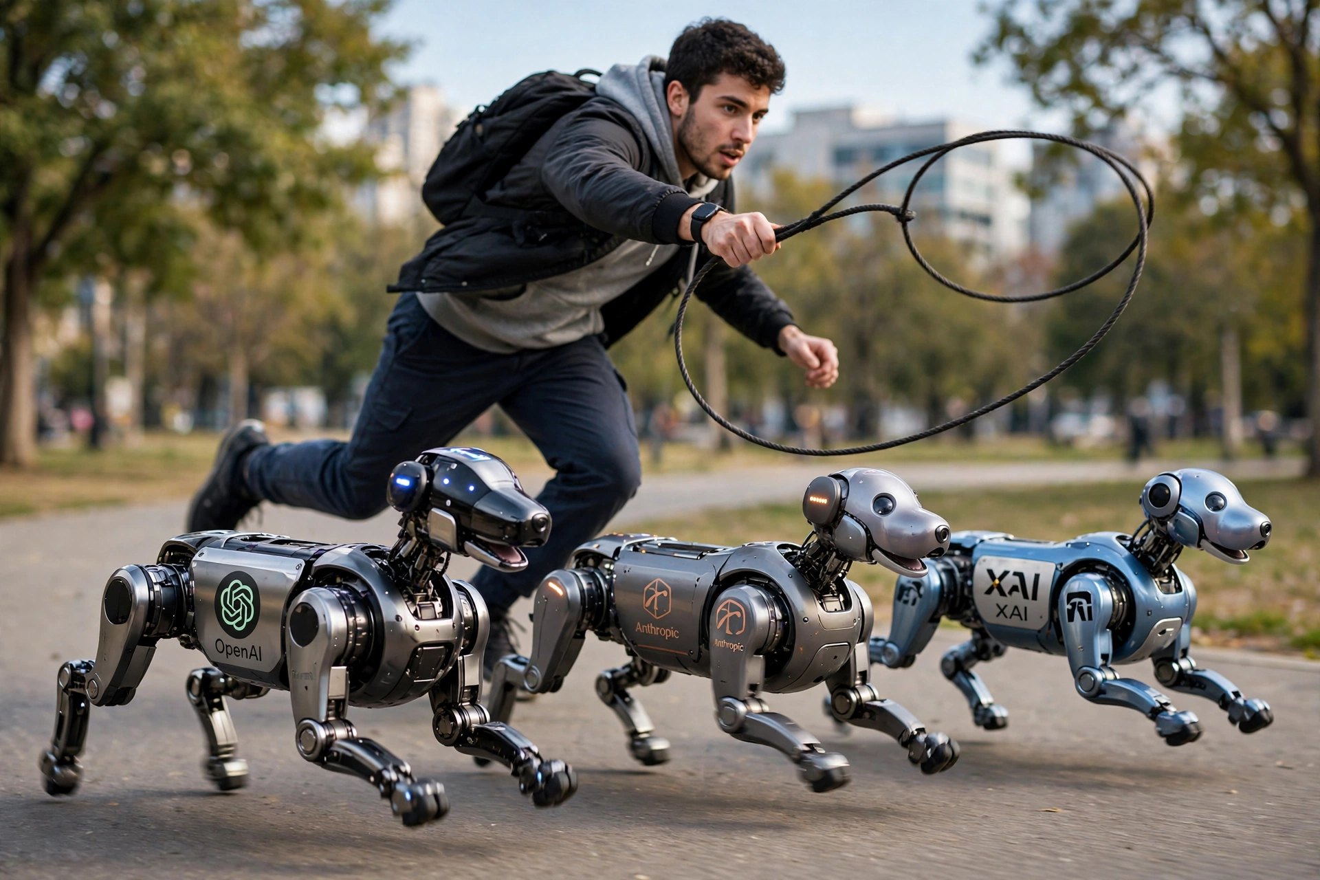A person running while holding a single slack leash behind several robotic dogs bearing AI-company logos, all of them already ahead of him.