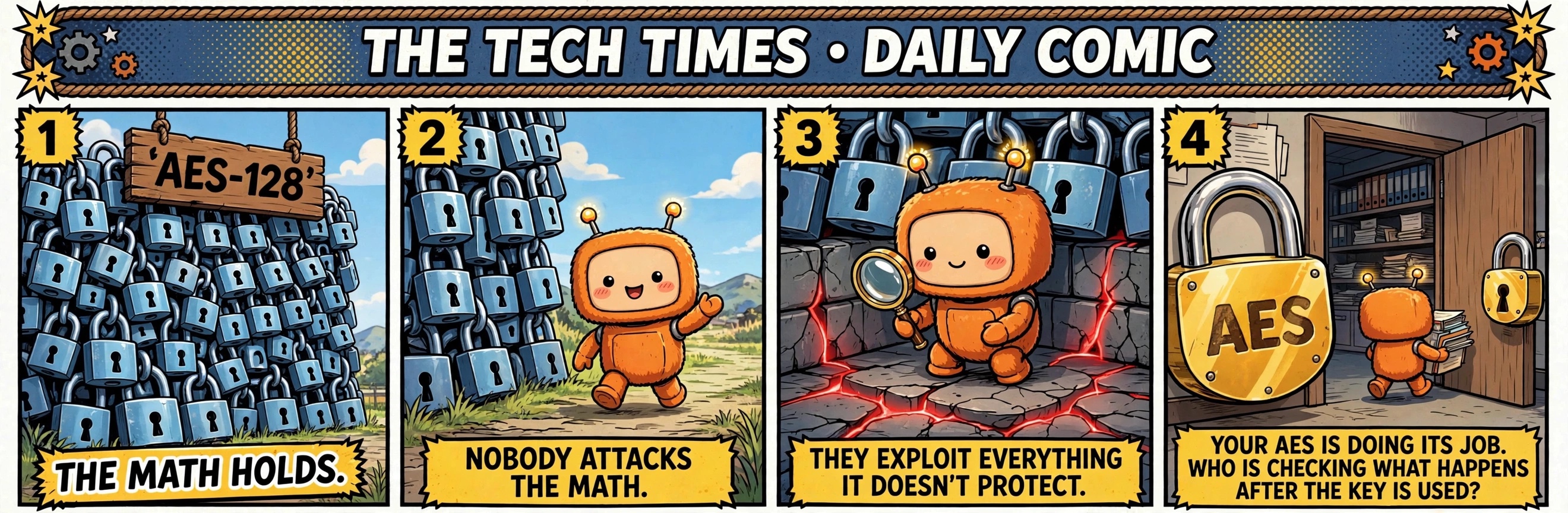 A four-panel newspaper comic showing a wall of AES-128 padlocks, an orange AI agent walking around the wall, the agent inspecting cracks beneath intact locks, and the agent carrying documents through an open office door beside a large AES padlock.