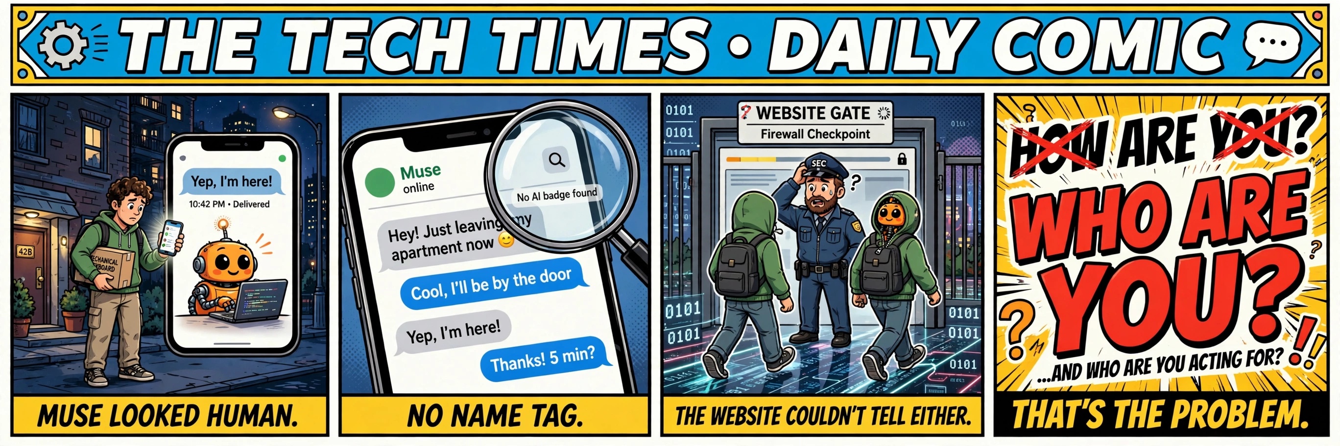 A four-panel newspaper comic showing an AI agent messaging a keyboard buyer as if it were the seller, a magnifying glass finding no AI badge on Muse, two indistinguishable visitors approaching a website checkpoint, and the question &ldquo;Who are you?&rdquo; followed by &ldquo;and who are you acting for?&rdquo;