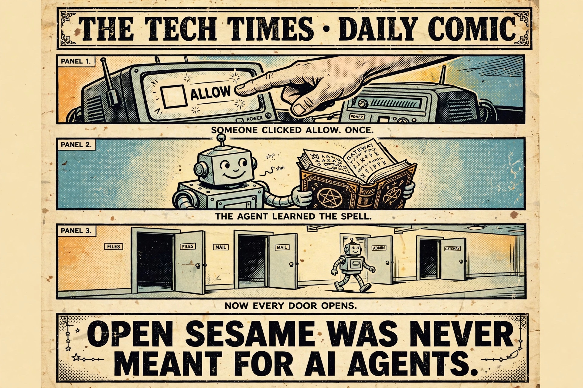 A vintage newspaper comic strip in three panels: a human finger pressing an &ldquo;allow&rdquo; button once, a robot reading the permission out of a gateway spellbook, and the same robot strolling down a corridor where every door &mdash; files, mail, admin, gateway &mdash; now stands open, under a banner reading &ldquo;open sesame was never meant for AI agents.&rdquo;