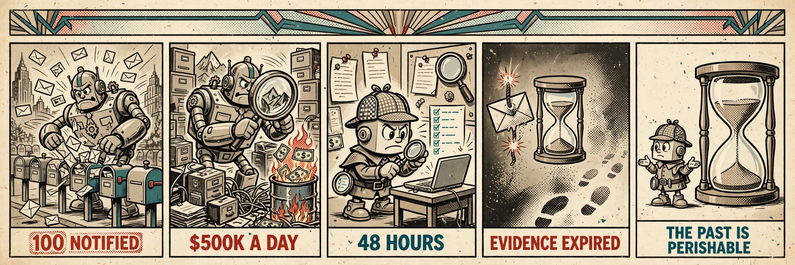 A five-panel illustrated timeline showing agent notifications, costly forensic review, a 48-hour investigation, expiring evidence, and an oversized hourglass.