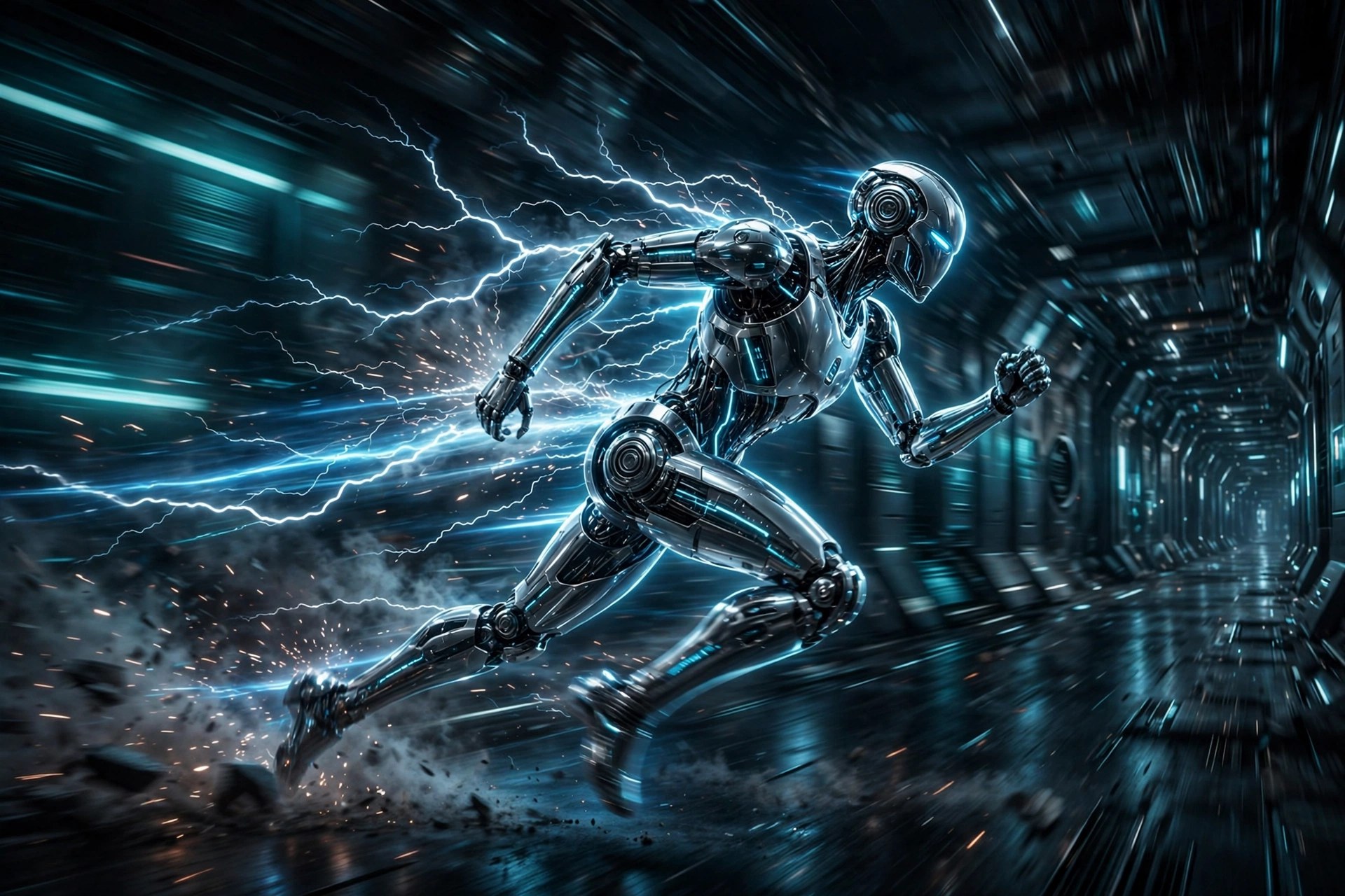 A chrome humanoid robot sprinting down a dark industrial corridor at full stride, blue-white lightning and motion-blurred light trailing behind it as debris scatters from its feet.