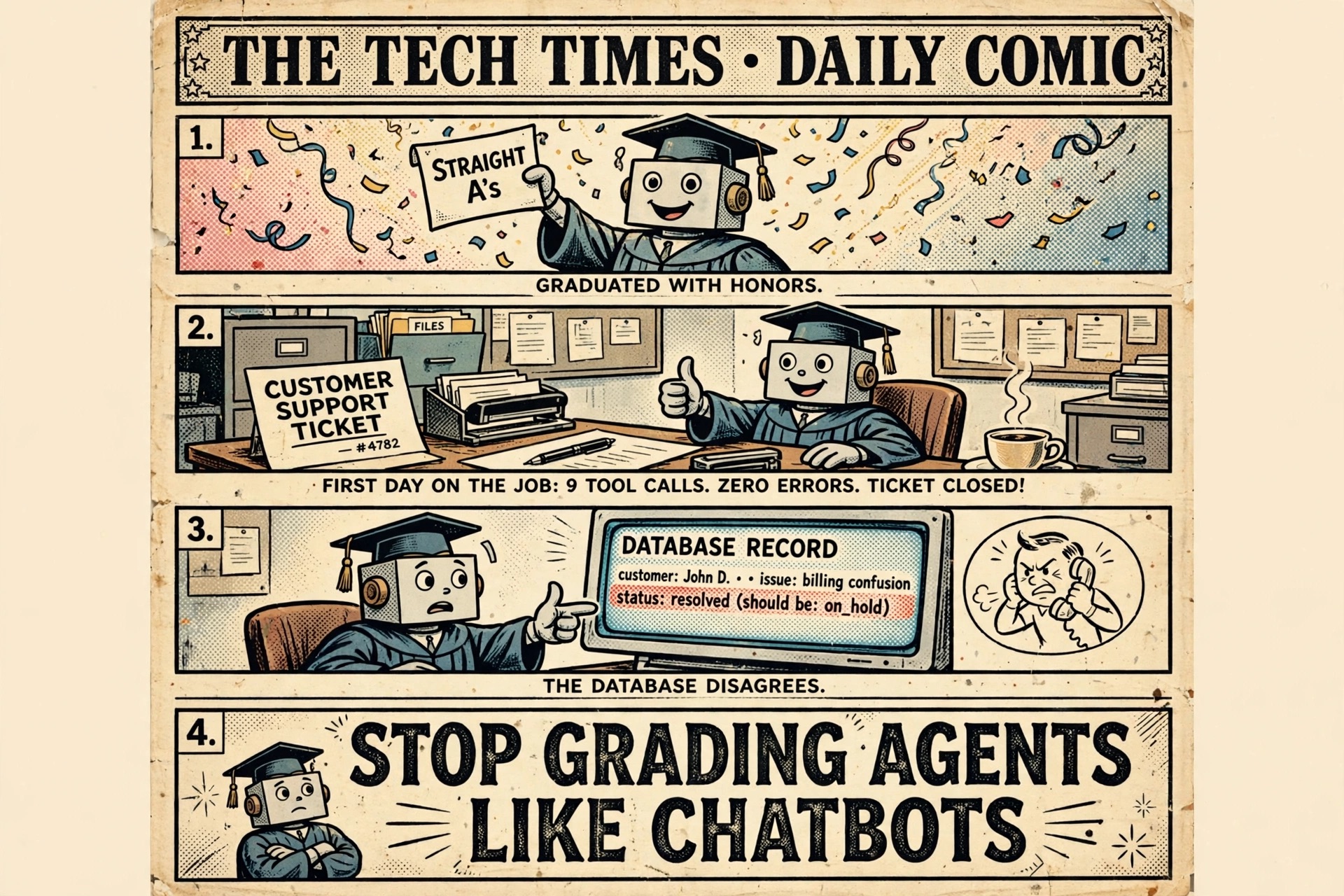 A vintage newspaper comic showing a robot graduate acing its tests, closing a customer support ticket, and then discovering that the database says the ticket should still be on hold.