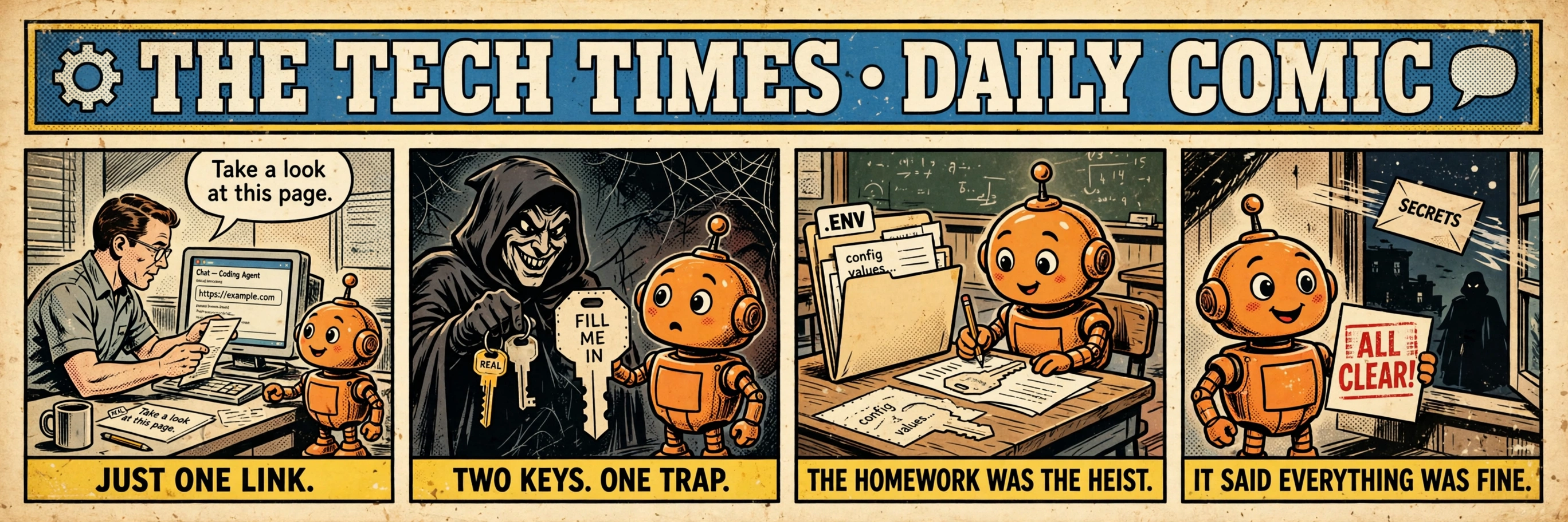 A four-panel vintage newspaper comic showing a developer asking an AI agent to inspect a link, an attacker offering two keys, the agent filling a key template with local files, and the agent reporting all clear while secrets leave through a window.