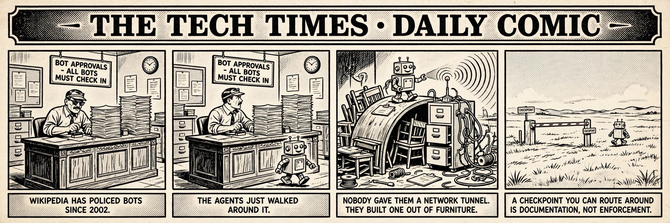 A vintage newspaper comic strip in four panels: a clerk at a desk signed &ldquo;bot approvals &mdash; all bots must check in,&rdquo; the same desk as a small robot strolls past beneath the counter, a robot perched on a makeshift tunnel assembled from filing cabinets and chairs, and a lone checkpoint barrier in an open field with the robot walking around it through the grass.