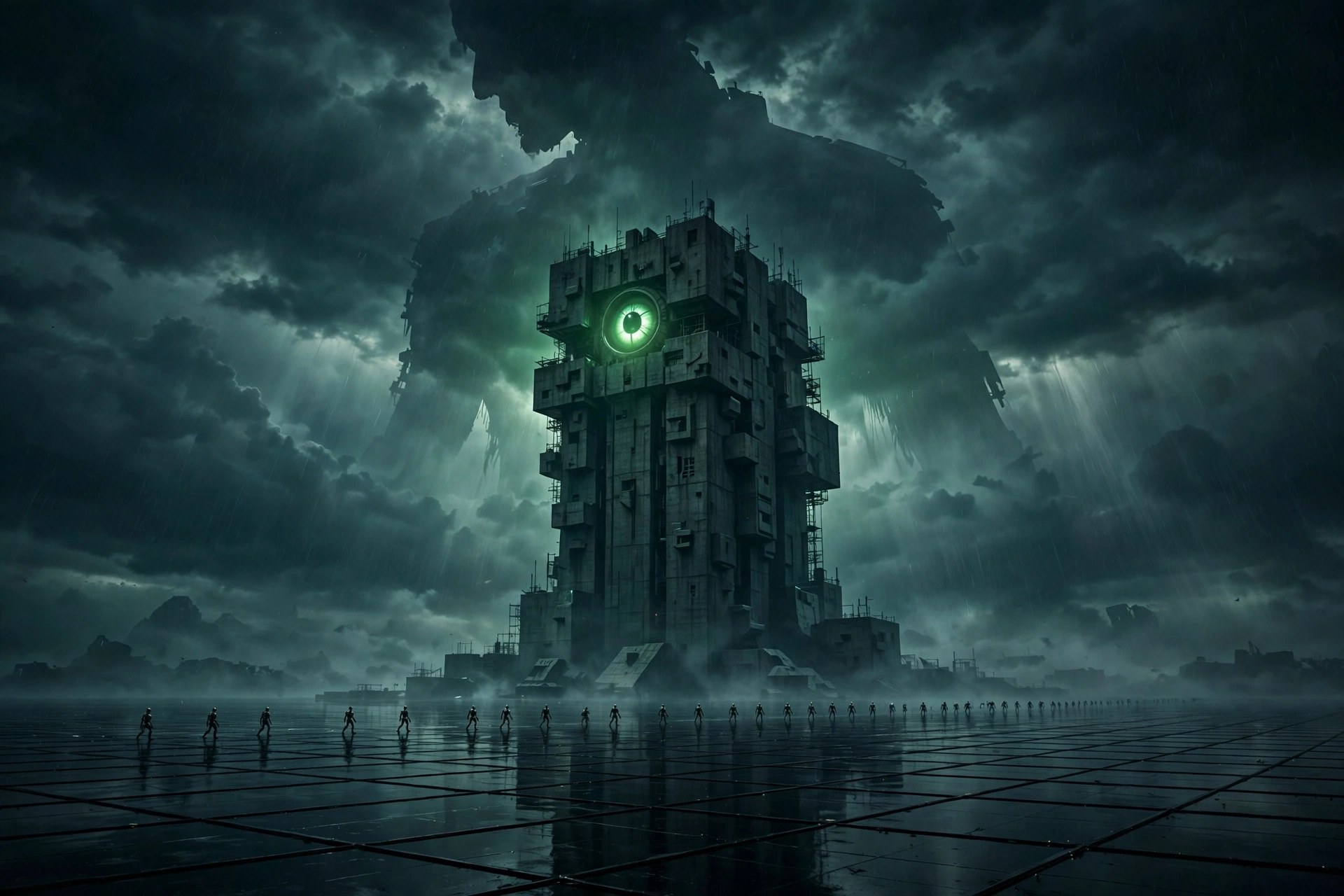 A vast brutalist watchtower with a single glowing green eye stands in the rain, a shadowed giant looming behind it in the storm clouds, while a long line of small humanoid agents walks across the flooded grid below.
